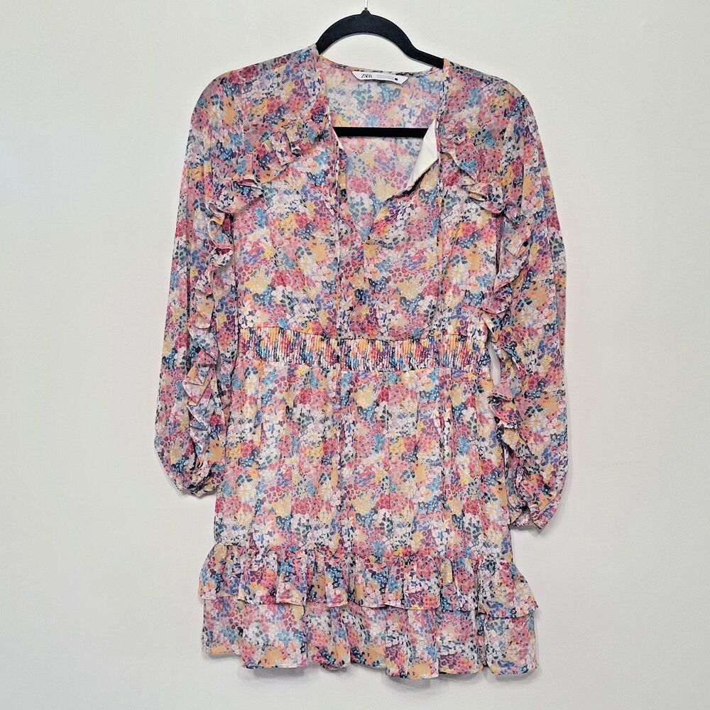 Zara Womens Small Floral Ruffle Long Sleeve Mini Dress Smocked Waist Cottagecore